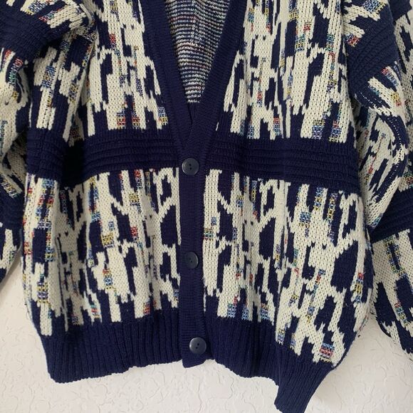 VTG Koman Sweater Cardigan Men XL Navy Blue Cream Abstract Button Grandpa Preppy - Picture 4 of 8